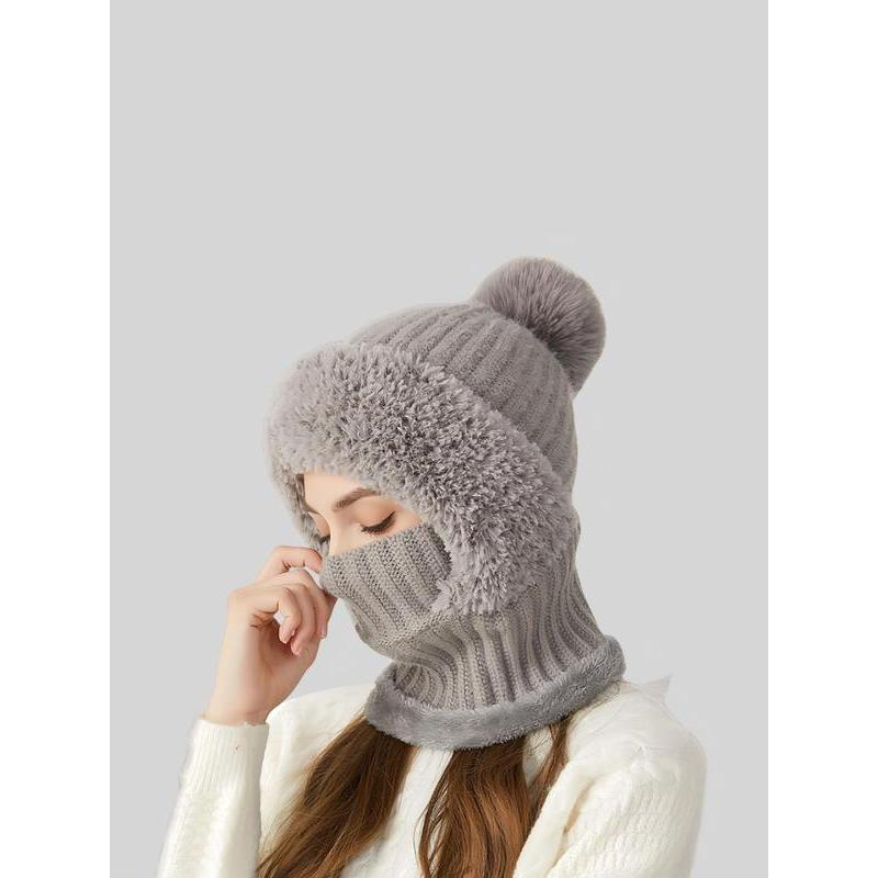Women's Solid Color Pom Pom Decor Beanie Hat