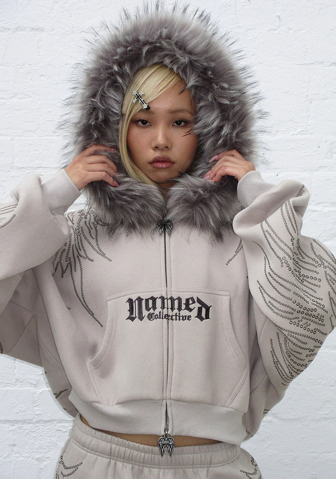 Fallen Faux Fur Rhinestone Zip Hoodie