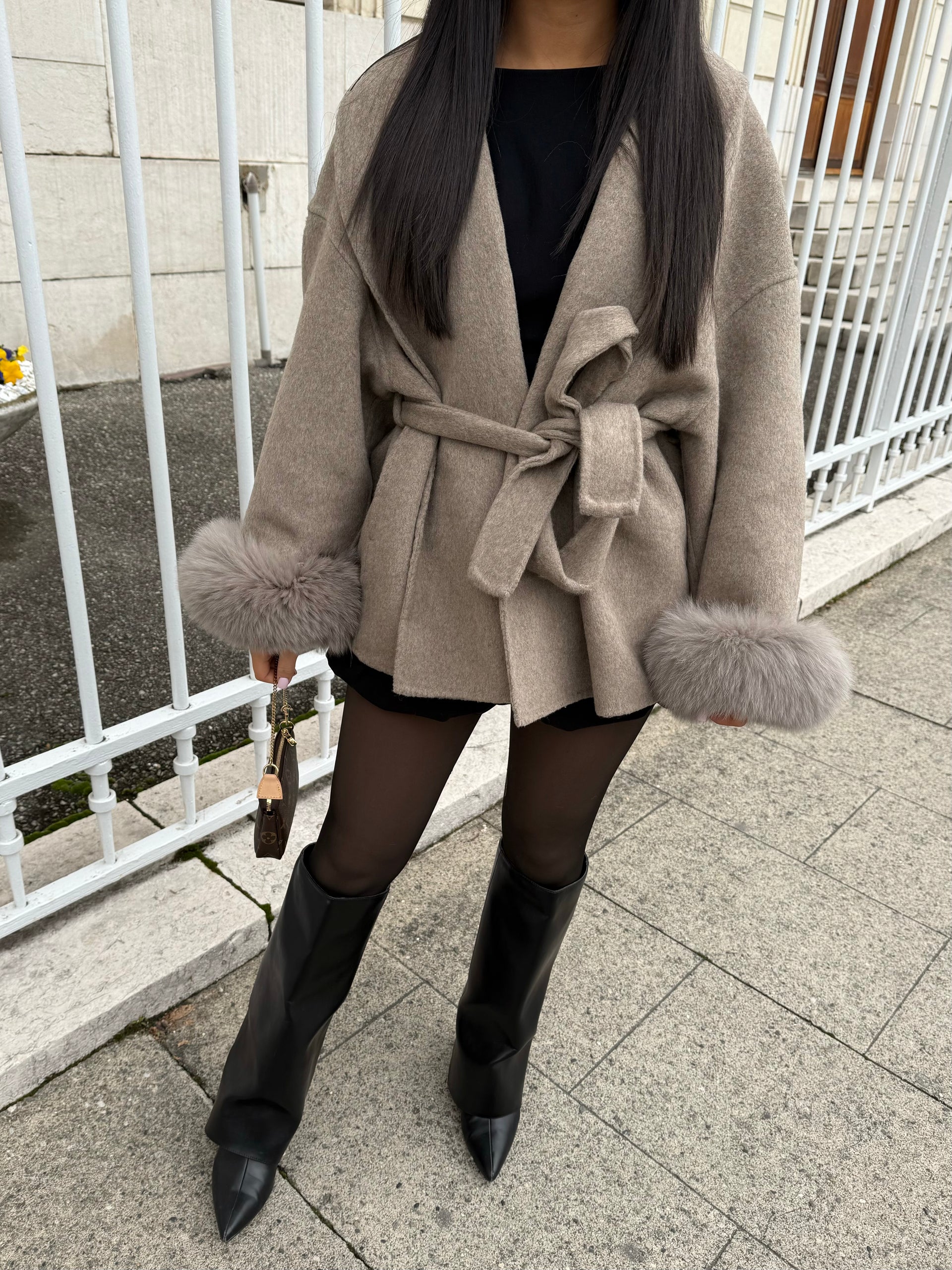 Coat with Faux Fur Belt