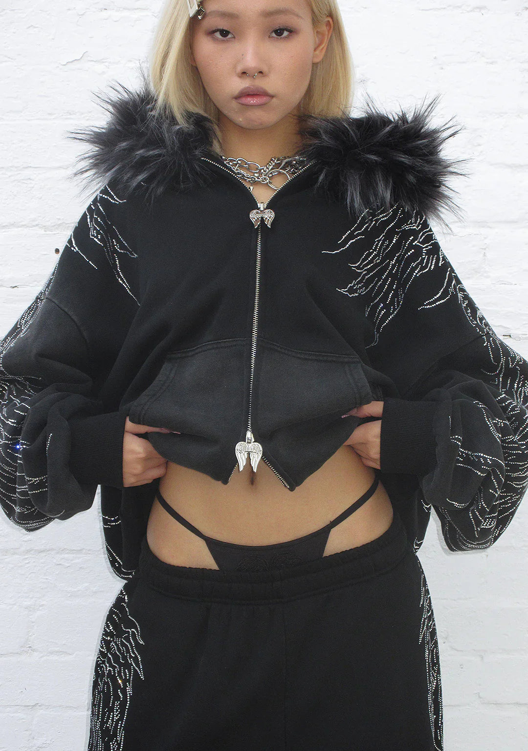 Fallen Faux Fur Rhinestone Zip Hoodie